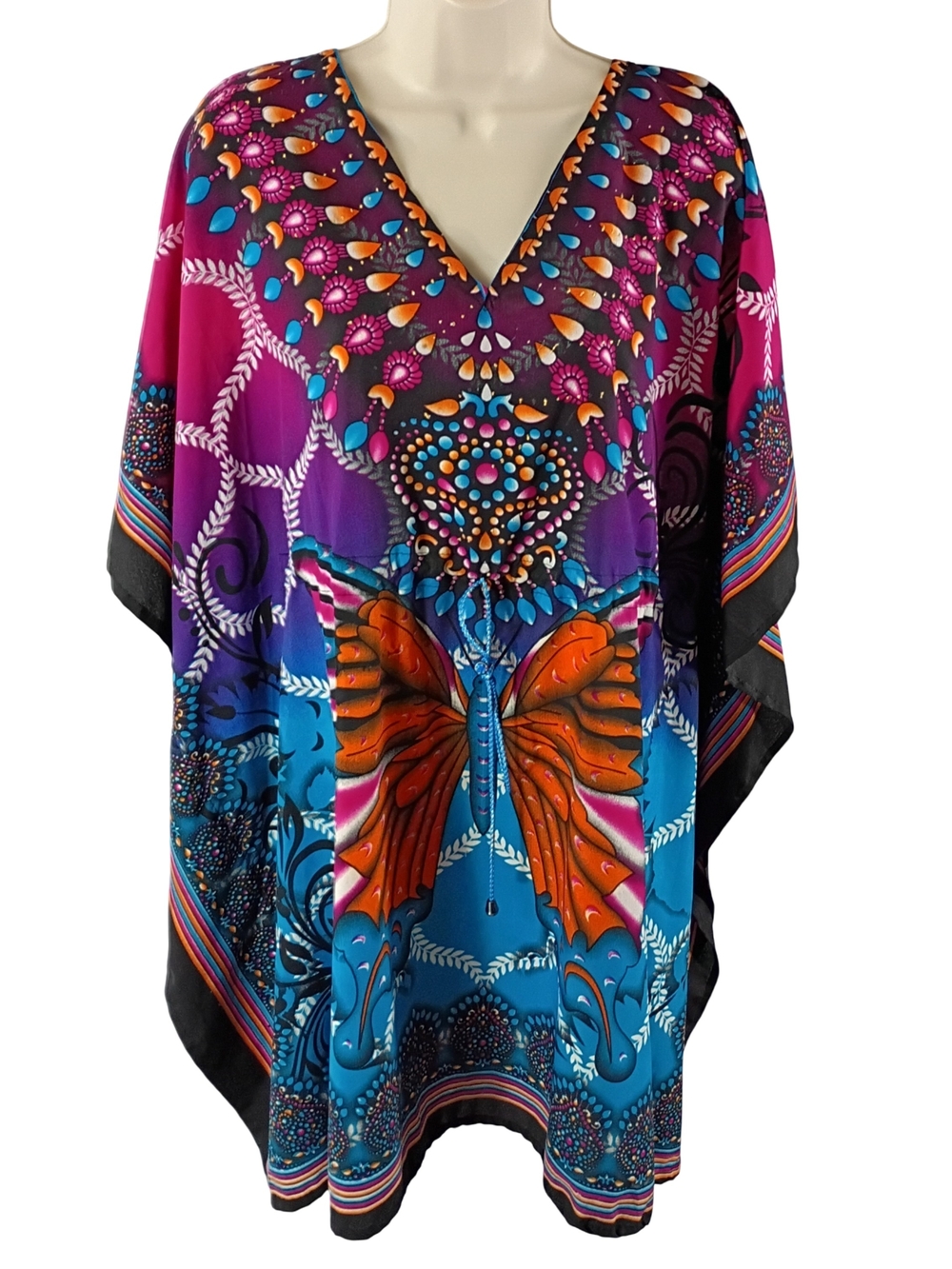 Vibrant Butterfly Print Swim Coverup Top - Pink, Purple & Blue